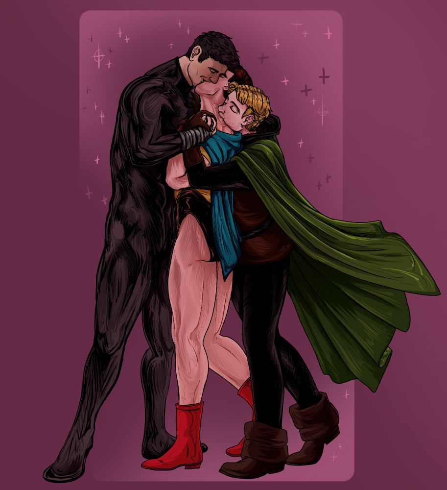 an image of Wildcat, The Atom, and Dr Midnite. Wildcat and Atom are kissing while Dr Midnite kisses Atom's neck as he hugs him from behind. none of them are wearing their masks and the Atom's cape is pulled down his shoulders to expose his neck.