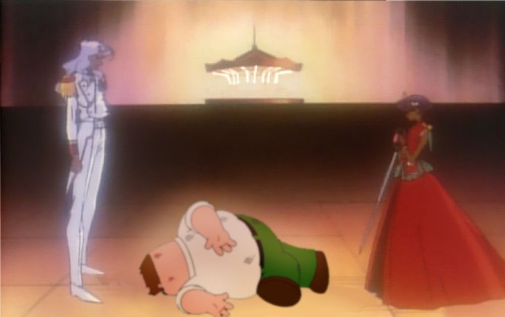 a screenshot from Revolutionary Girl Utena with Anthy and Akio staring down at where Utena would be laying in pain, but Utena has been replaced with Peter Griffin in the Family Guy "death pose" distantly in the background is a carousel and the lighting is dramatic and you almost can't tell Peter isn't supposed to be there except it's fucking Peter Griffin from Family Guy so you Know.