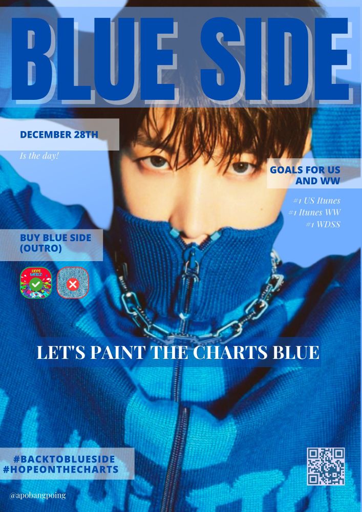 a promo poster about Blue Side project with the info above, the slogan "Let's paint the charts blue", plus a photo of j-hope in a blue LV jumper