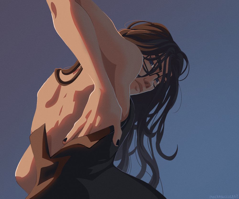 A digital drawing of my character Mary, a young thin woman with long wavy brown hair, blue eyes, and large square glasses. She stands with her back to the camera, leaning over as she reaches an arm behind her to tug at the unzipped black dress she's wearing. She looks at the camera, disinterested. 