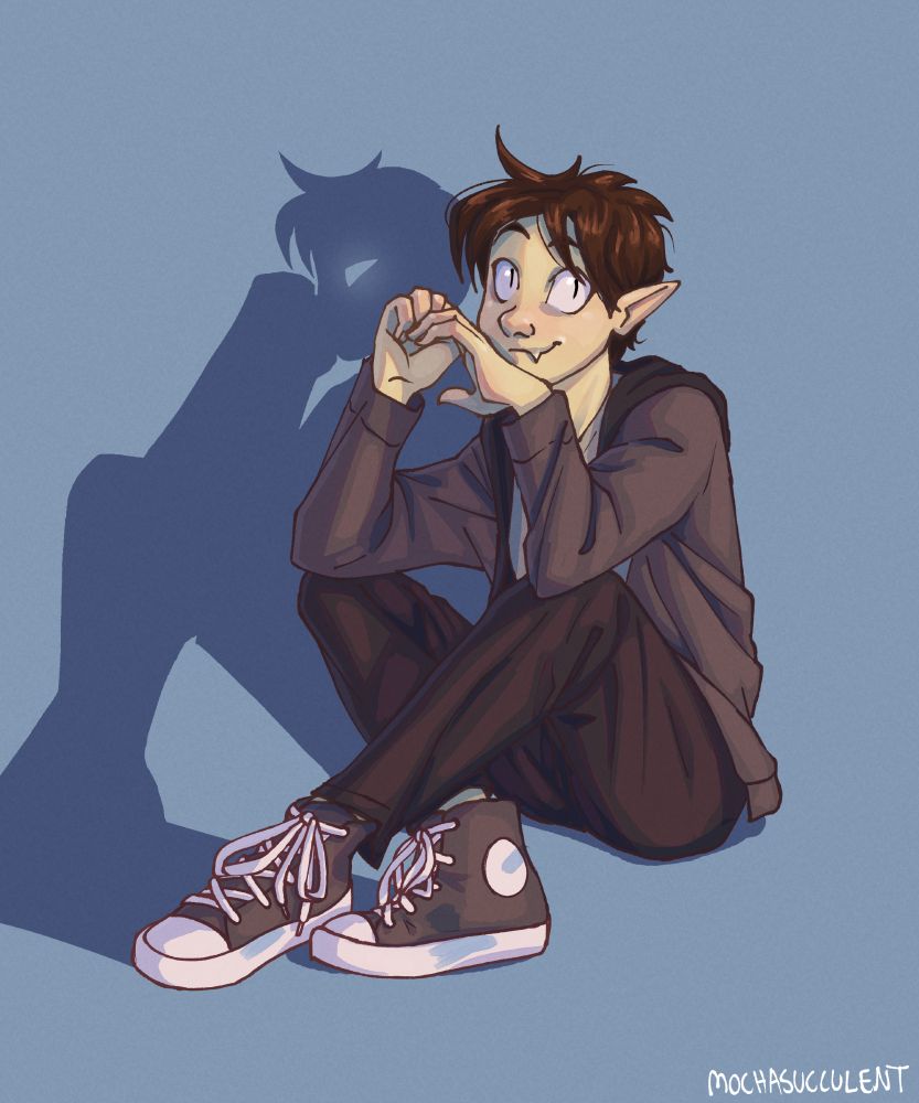 A digital drawing of tyni_studios' OC Caden, a young man with pointy ears and slit pupils, sitting calmly while his shadow looms behind him. 