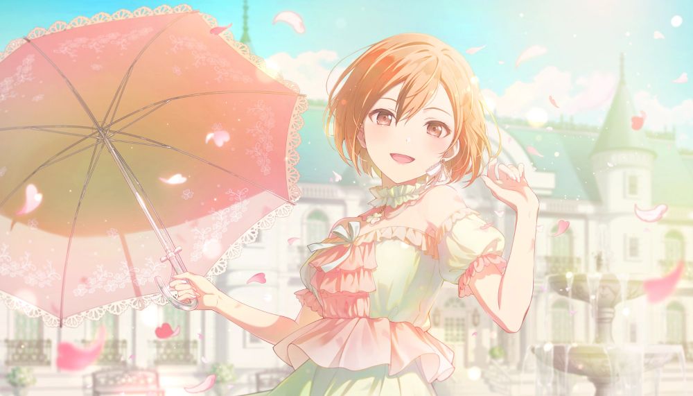 Beautiful smiling anime girl with a frilly dress and pastel colours holding a parasol while flower petals fly by her