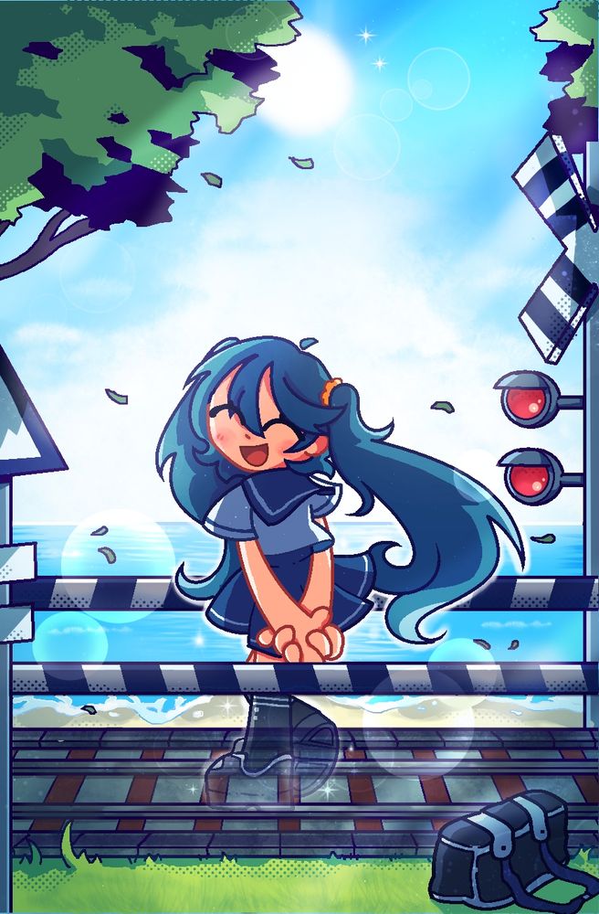 Illustration depicting hatsune miku, in a japanese schoolgirl uniform, in the middle of a train track. The barriers are closed and the railway lights are red. She is looking back and smiling, while her feet dissapear into sparkles. The railway separates the land between a grassy foreground, and a beach in the background. The sun shines brightly from behind miku, who is in the center of the picture, but she has no shadow at all