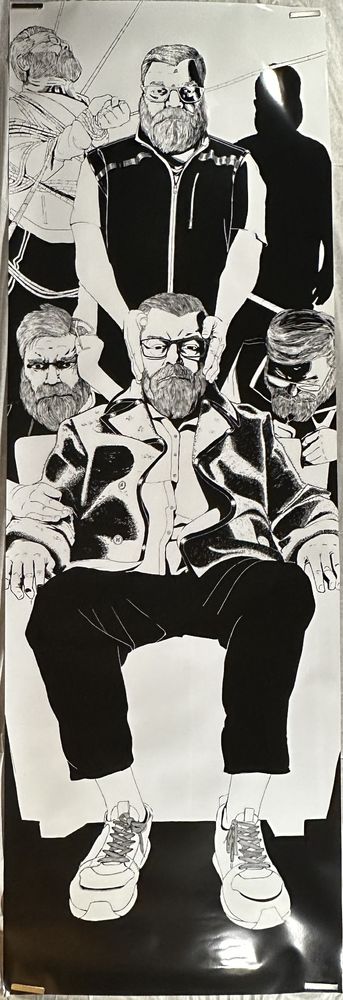 The artist sits in a chair with a felt coat, black pants, and running shoes. They have a beard, glasses and look straight forward. Five figures of the artist are behind them. The First is directly behind the artist with a stone face. Their hands cover the artist’s ears and keep him looking forward. Crouching to the right of the artist is a sinister looking figure. Its face in shadow as it whispers to the artist. To the left is a figure with a Worried look. It leans its head on its balled fist while its right hand grasps the sleave of the artist coat. Behind these figures a  bound man struggles to get free and the silhouette of the final figure