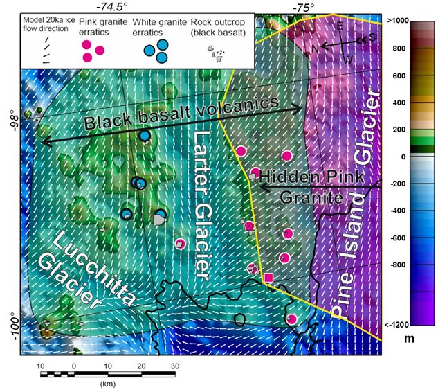 A colourful map showing the location of three glaciers near the Hudson Mountains (indicated by words in white) and the rock types that lie beneath them. On the right-hand side of the image is a purple area that extends from the glacier into the Hudson Mountains to the left. A series of blue and purple circles indicate the location of rock samples collected for the study.