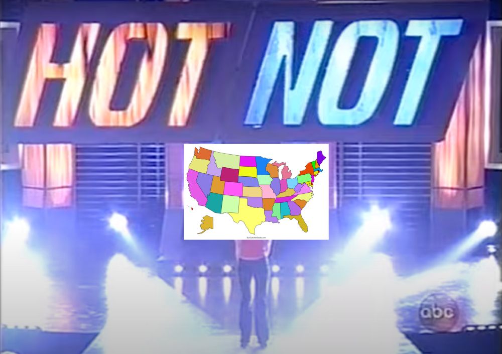 A screengrab from ABC's "Are You Hot?" with a map of the United States superimposed over a model's face.