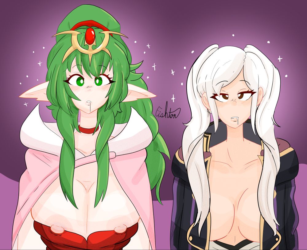 Tiki (Fire Emblem Awakening) and Robin (Fire Emblem Awakening) Bo0th hypnotized into a mindless state and drooling. Tiki is looking blankly forward while Robin's eyes are rolling