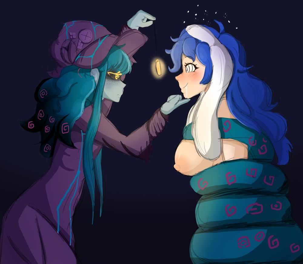 Cybers oc Remi being coiled up by scribingbears oc, mimi. Remi is nude and smiling at the pendulum mimi is holding in front of her face.