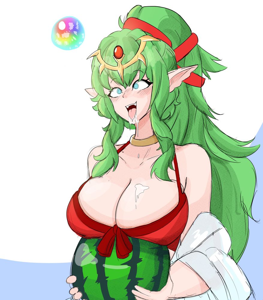 Tiki (Fire emblem) in her FEH bikini hypnotized in a happy trance looking at a summoning orb, drooling all over her breasts
