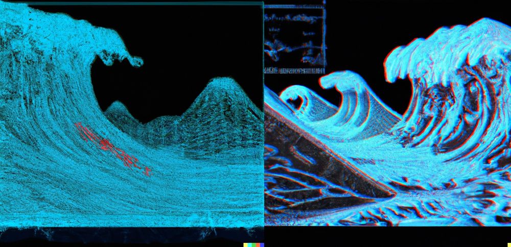 Draw the famous Great Wave of Kanagawa by Hokusai ukiyo-e wood block print, in a cyberpunk style in the way of a see-through hologram with a 3d parallax, as a .mpo / multipictureobject (SBS / side-by-side) stereoscopic image including the underlying source, texture and wireframe