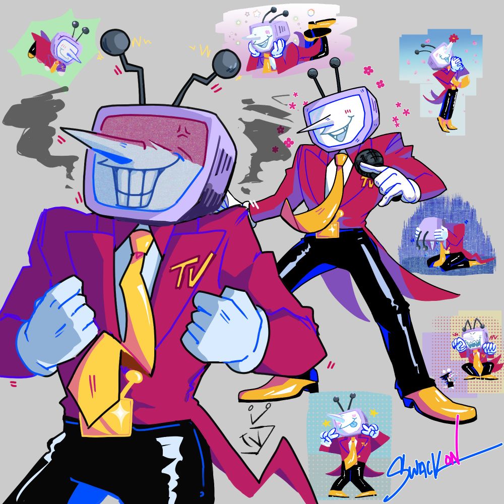 Several drawings of Tenna from Deltarune Chapter 3. 