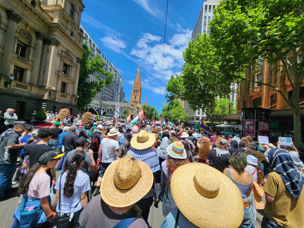 Anti-genocide march got Palestine crowd processing down Swanston St, next to Melbourne Town Hall