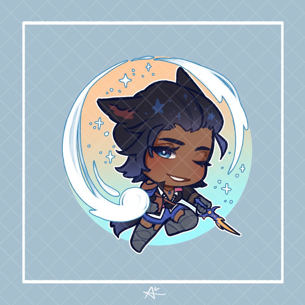 Chibi illustration of Ihme Vhoslo, a black haired Miqo'te woman brandishing a sword and an aetheric shield.