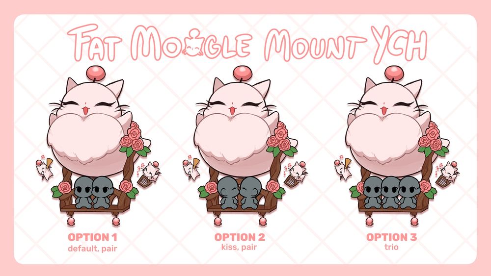 Fat Moogle Mount YCH commission samples, featuring different poses to select from