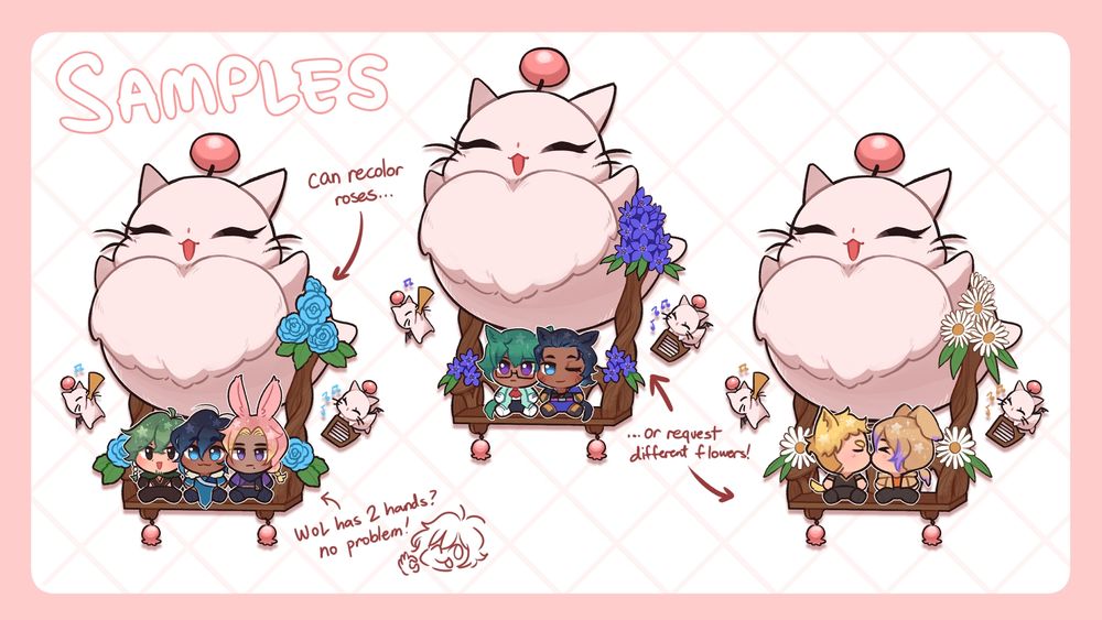 Fat Moogle Mount YCH commission samples, featuring sample characters and customizable flowers