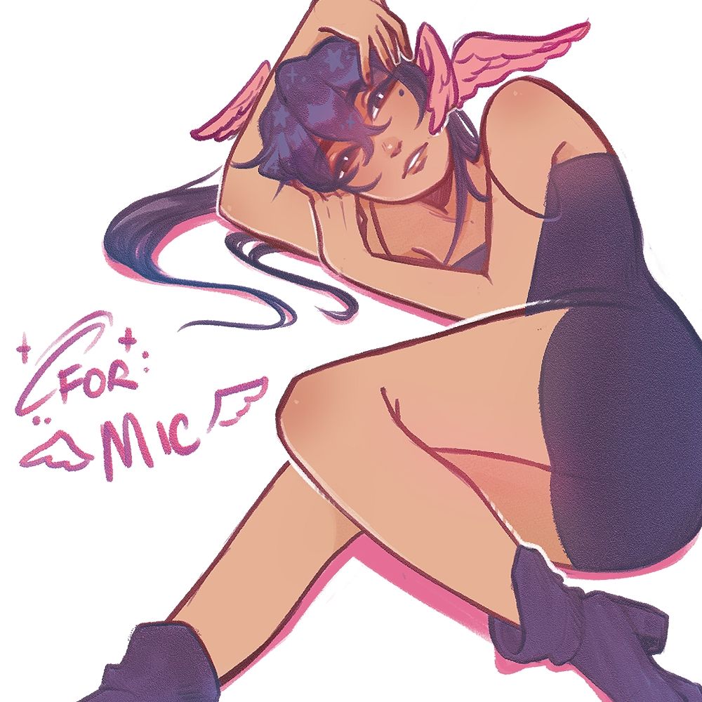 Sketch of miccyart's OC Mir, an angel with black hair and pink wings adorning his head.