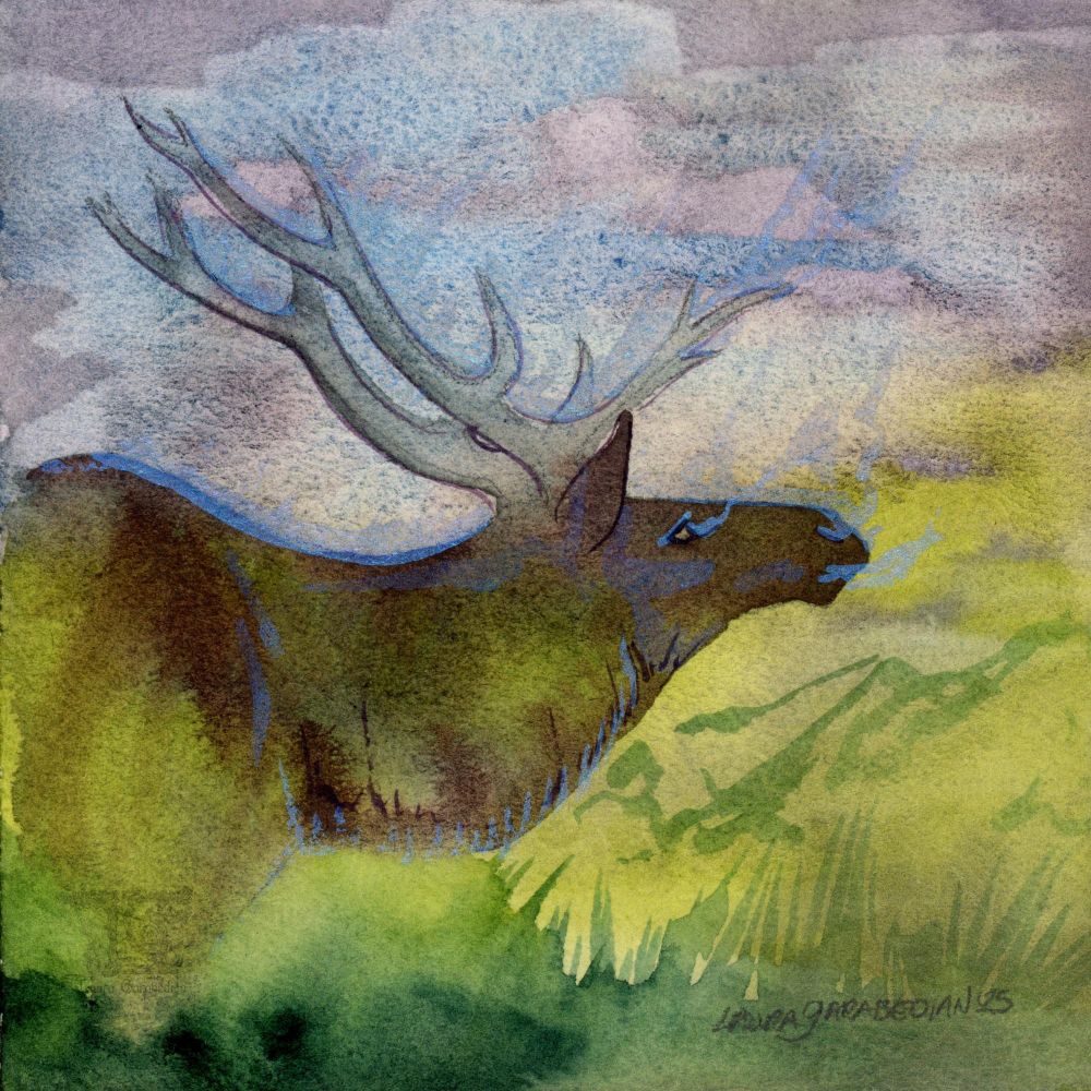 watercolor painting of an elk reaching its neck over the plains to the mountains