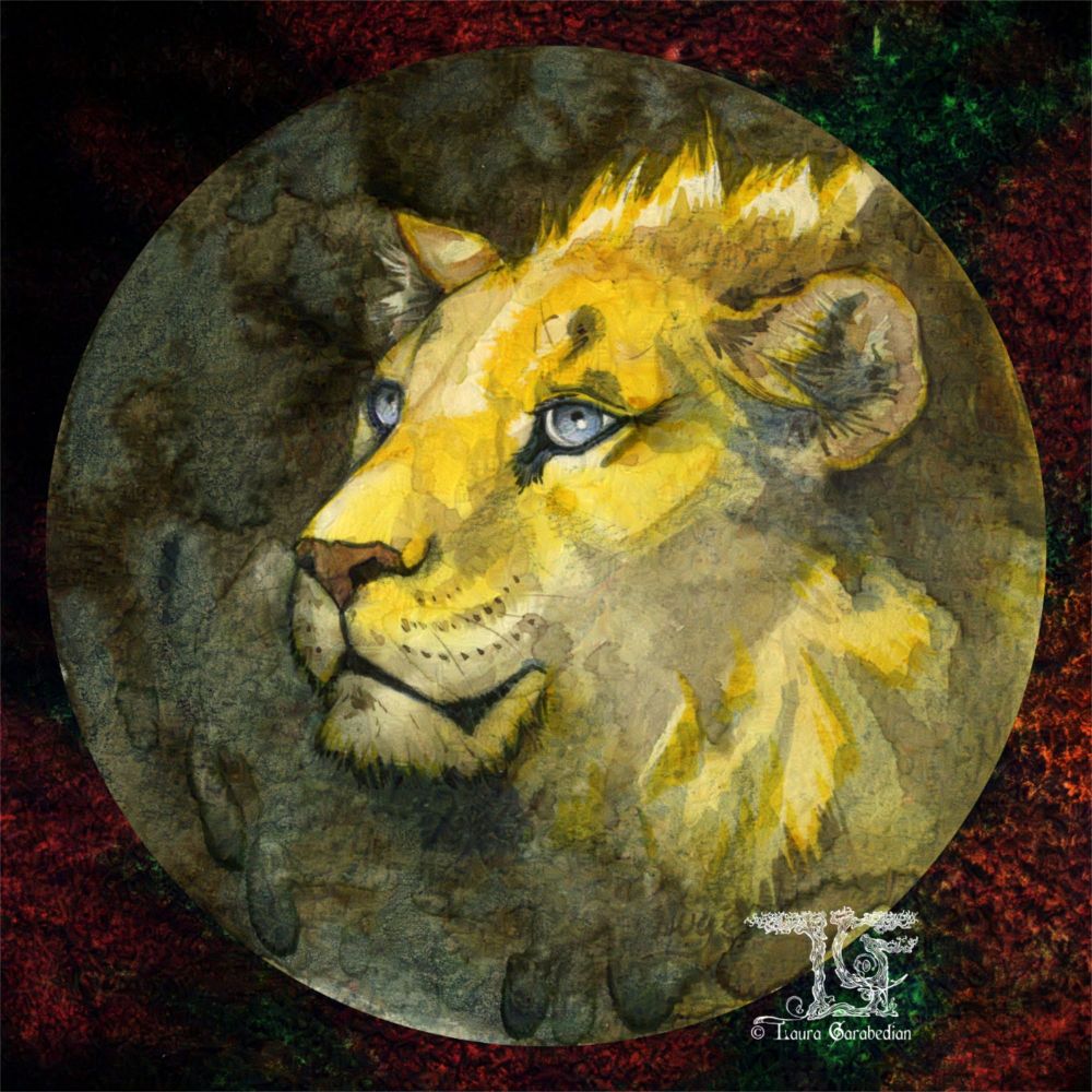 Circular watercolor painting of a young lion face with pale blue-grey eyes and golden hair. The background is dark umbers and greys. Around the circle is an abstract of dark red and green