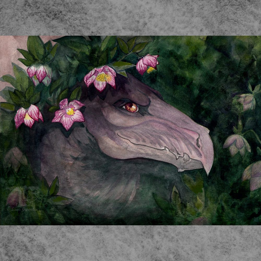 Watercolor painting of a dark violet/grey dragon head emerging from beneath the foliage of a hellebore plant