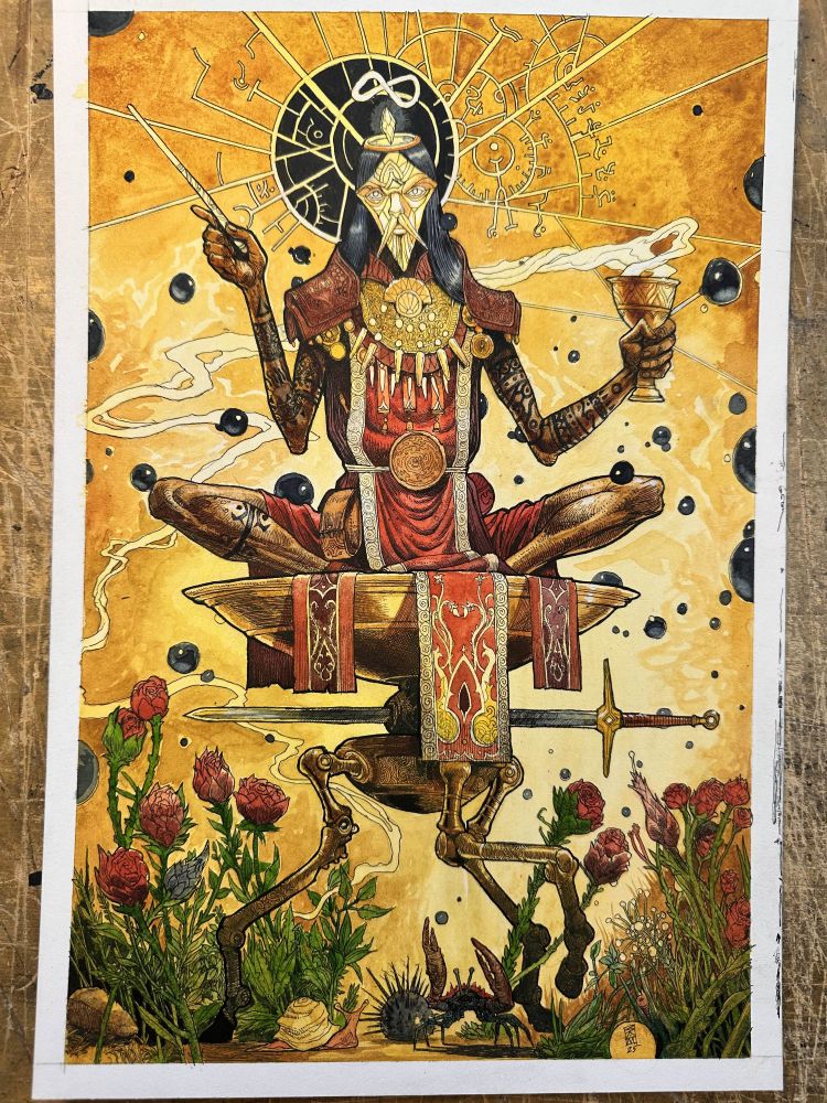 Watercolor and ink painting of a being riding a robotic seeming creature among jagged flowers. The being bears a chalice and a wand and wears a gold mask