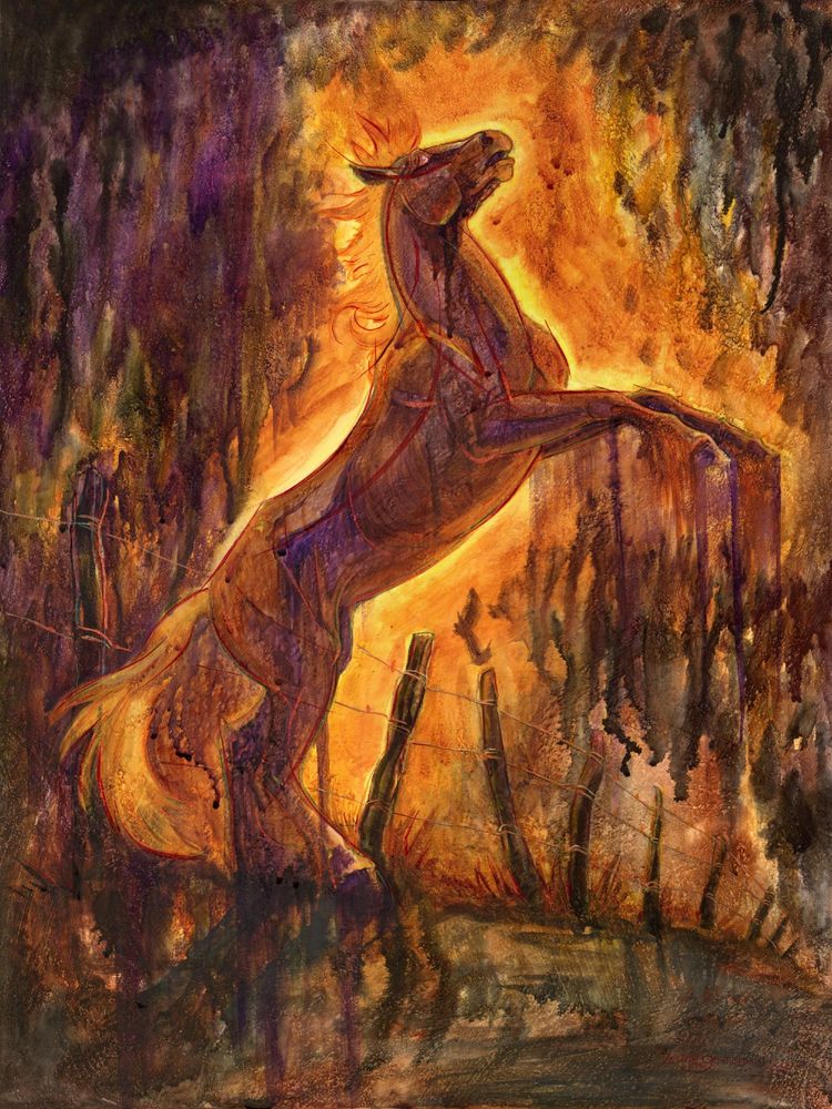 watercolor painting of a rearing horse on a background of abstract rusts, fiery oranges, and violets, with the horse going into abstraction as the horse glows from behind.