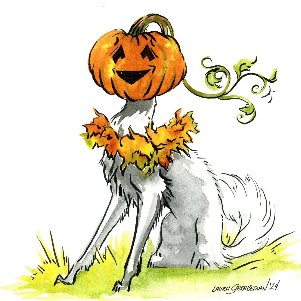 square painting in watercolor of a white dog with a leaf wreath around their neck and a pumpkin head with a happy face and trailing vines drifting off to the right.