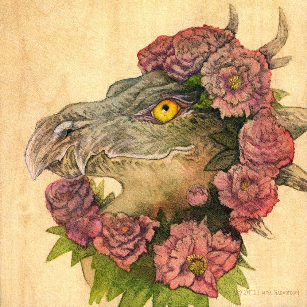 Watercolor painting of a dragon head facing left with a garland of pink peonies around it's head. The dragon has grey scales, multiple horns, and gold eyes, the background is wood, and the colors are subtle and get less detailed at the edges.