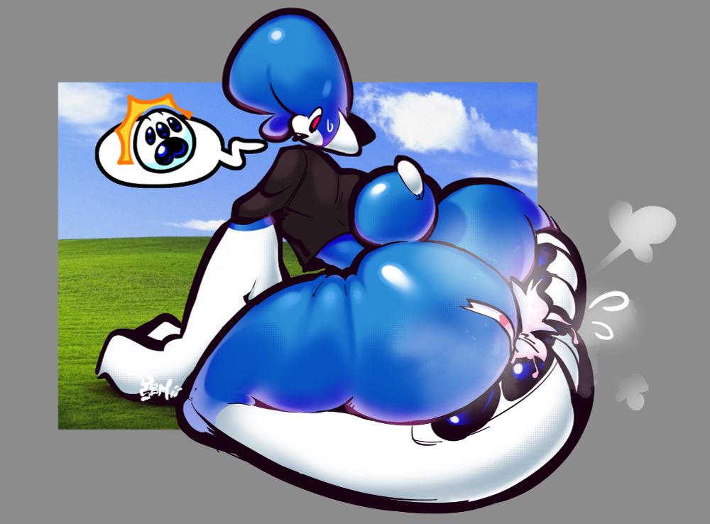 Sky sitting in "Bliss" by Charles O'Rear, also known as the Windows XP default wallpaper.

Hes fiddling with his "O'Rear" in his footpaws    and   Parfait too.