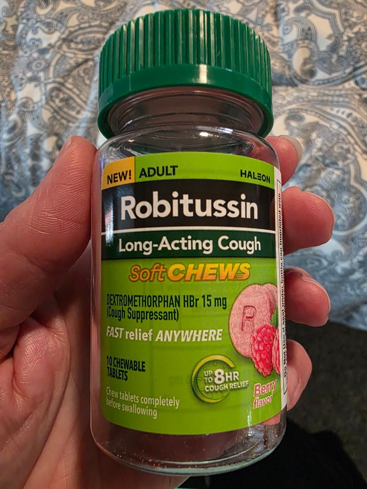 Jar of New! Adult Robitussin Long-Acting Cough Soft Chews. It promises FAST relief ANYWHERE with up to eight hour cough relief but I am not sure eight hours of cough relief, if it occurs, is worth the "berry flavor" of the chews. 