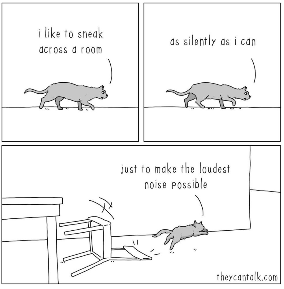 Three panel comic:
1) Cat walking sneakily “I like to sneak across a room”
2) Cat continuing to sneak “as silently as I can”
3) Cat running away after knocking over a chair “just to make the loudest noise possible”