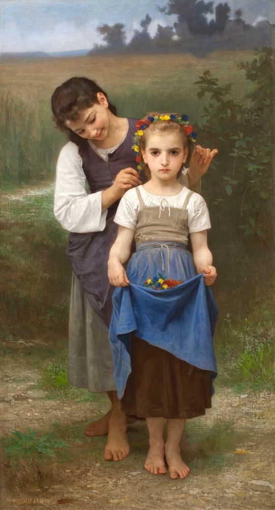 Bouguereau’s “Crown of Flowers” depicts two young peasant girls, with the older one placing a crown of wild flowers on the head of the younger one. They are barefoot, simply dressed in peasant style garments and aprons, standing in a wild field, with vegetation in the background.
