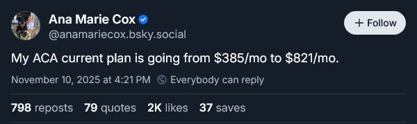 Ana Marie Cox
My ACA current plan is going from $385/mo to $821/mo.
November 10, 2025 at 4:21 PM
798 reposts
79 quotes
2K likes
37 saves