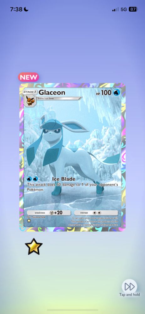 A screenshot of a one-star rare (one of the highest rarities in Pokémon TCG Pocket) card featuring Glaceon (a light blue mammalian quadruped Ice-type Pokémon with diamond-shaped teal accents on its ears, back, feet and tail, and something resembling a wig on its head in a lighter teal. It's standing on ice in a snowy environment with stalactites hanging off cliffs). The card has a lenticular rainbow swirl pattern border.