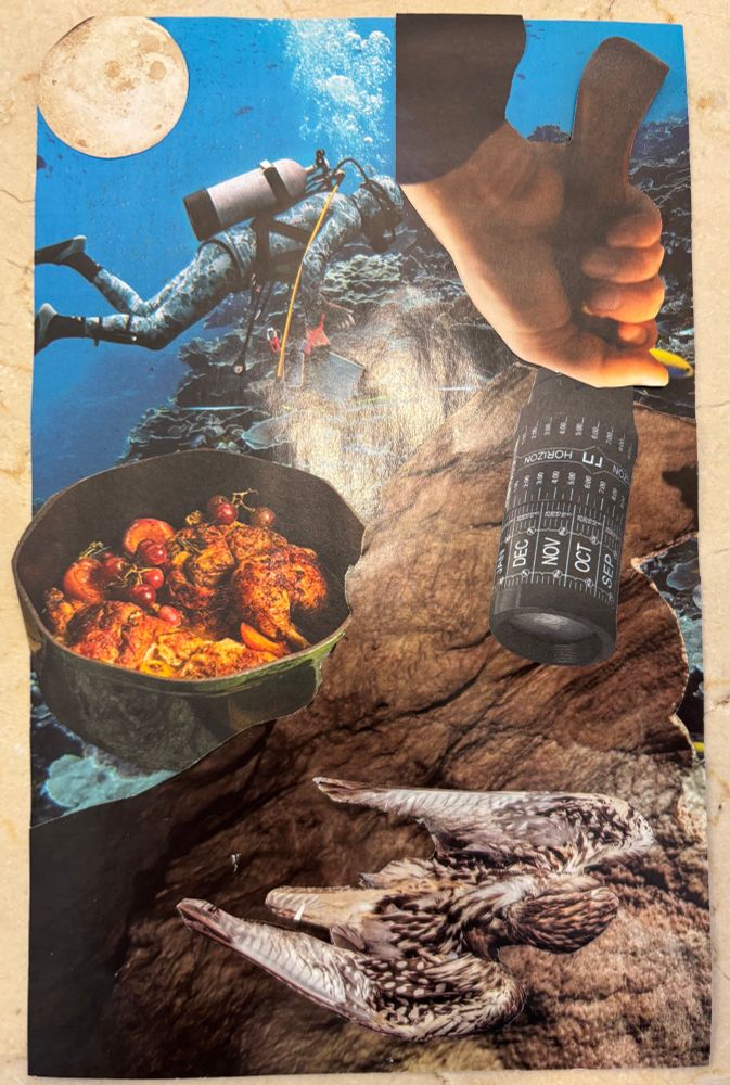 Collage image of underwater scene with a pot of stew, a tool wielding hand, and a moon
