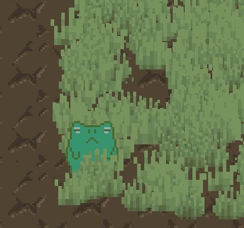 A little green frog in some pixel art grass