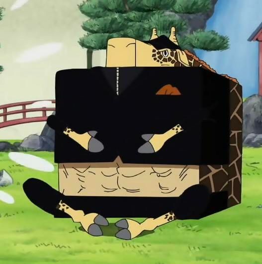 One Piece anime still

Kaku, a giraffe man folds his body into a cube and sits