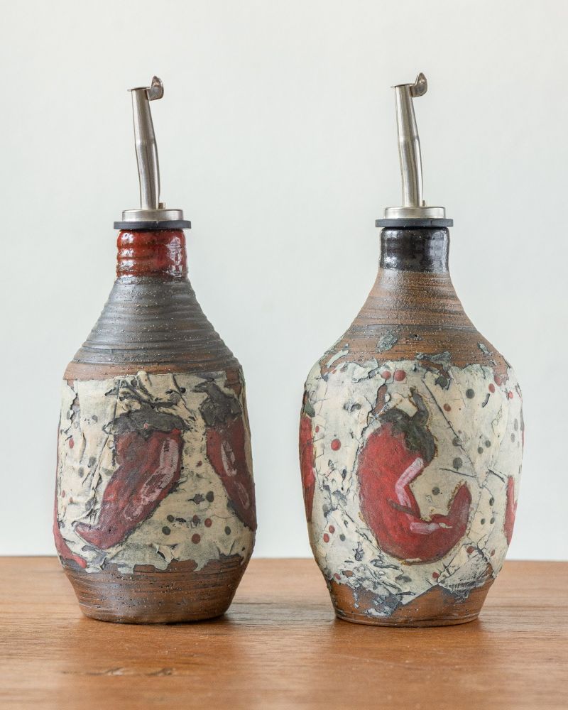 Monoprinted ceramic chili oil bottles