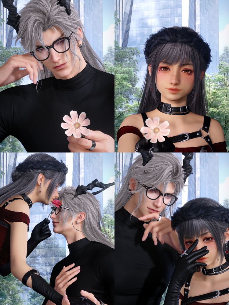 4 photo booth photos of sylus and mc.
1 is of sylus wearing a black turtleneck, black asses and drsgon horns holding a pink flower while resting his head on his other hand.
2 is mc wearing a red dress with black straps and choker and a black feather crown holding a pink flower.
3 is mc holding a red rose kissing it to his forehead while they hold hands.
4 is him leaning down to her while resting his pointer finger on the knuckles to his lip. mc is covering her face with her hand slightly over her nose and mouth