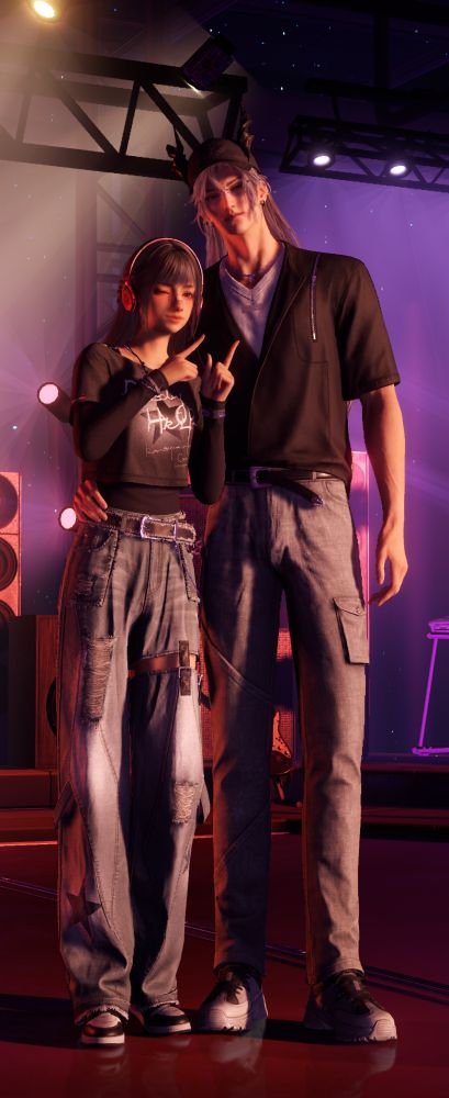 sylus standing with a hand on mc's hip. she is pointing up at him and winking. like an encore 