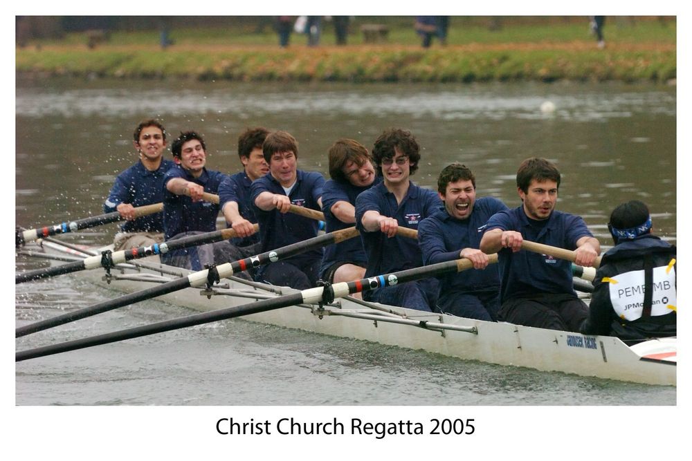 Picture of a rowing team of young men on a boat with Pete Buttigieg as the stroke of the team. The caption reads “Christ Church Regatta 2005”.