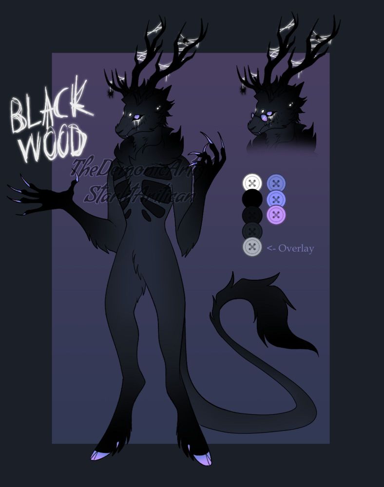 An anthro black stag, with a leonine tail, purple hooves and claws, sharp teeth, and glowing spider webs decorating his antlers