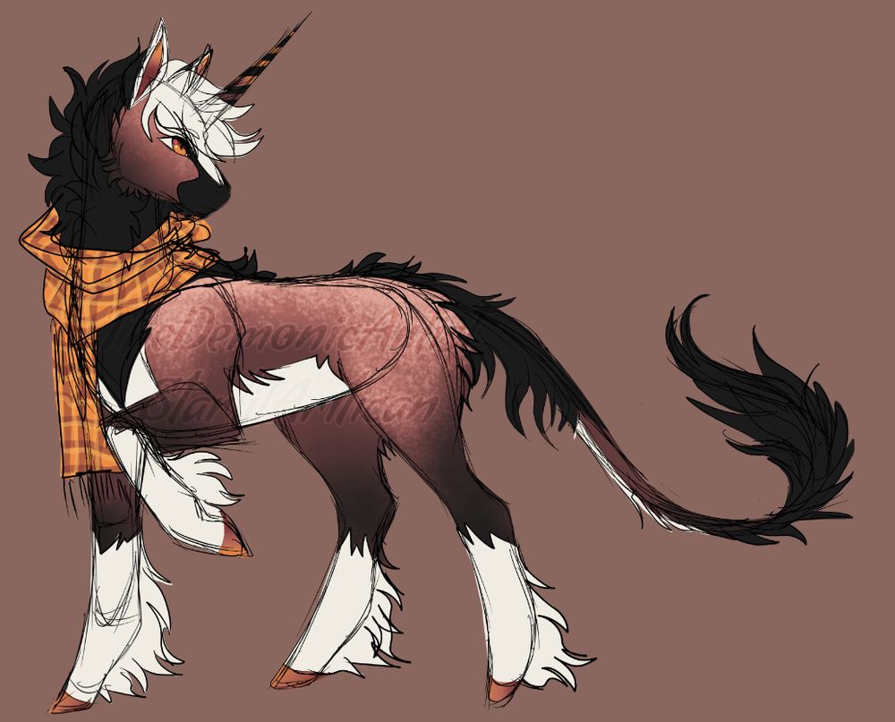 A bay colored traditional unicorn with white socks, white forelock, amber eyes and hooves, with an orange plaid scarf
