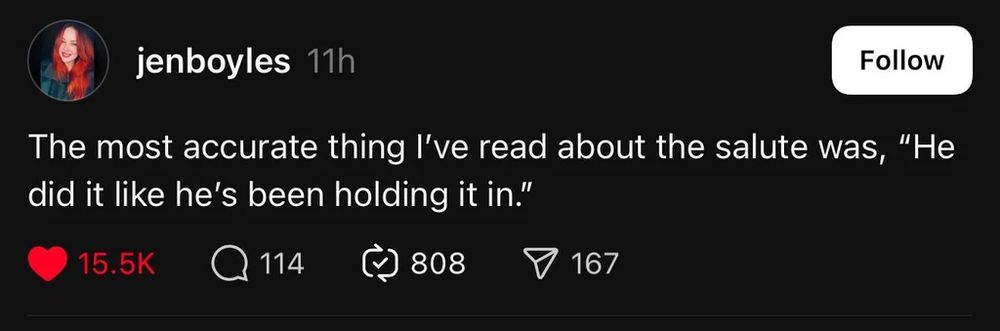 The most accurate thing I've read about the salute was, " He did it like he's been holding it in."