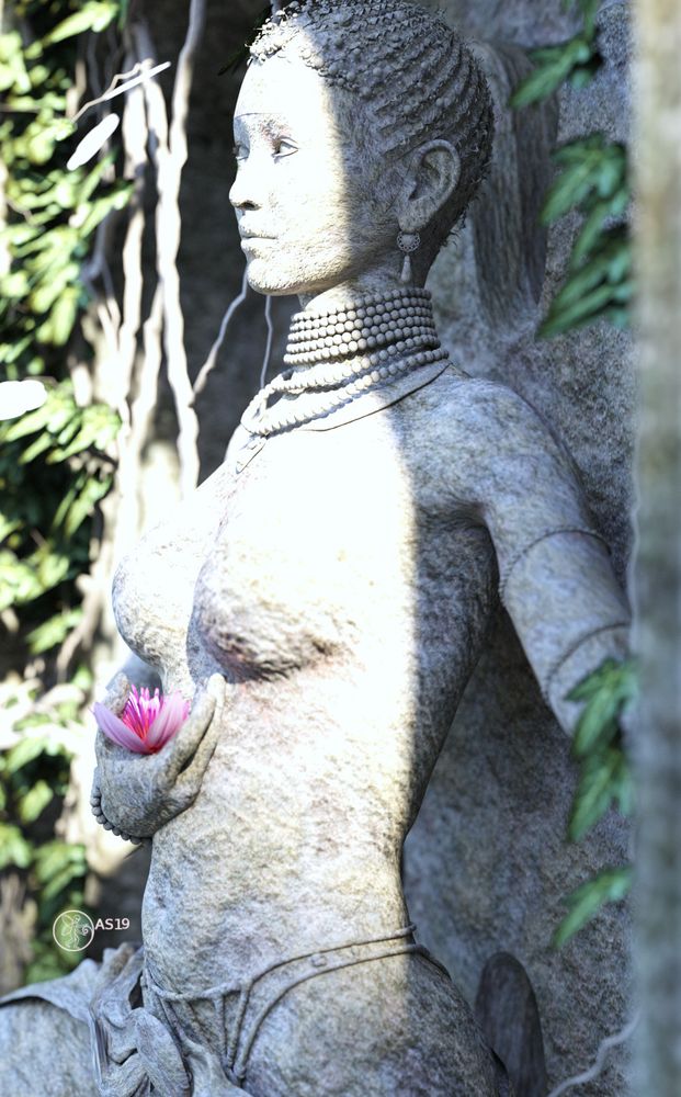 the statue of an apsara, a half god dancer figure inspired by Angkor Wat statues. She is decorated with a lotos flower
3d art