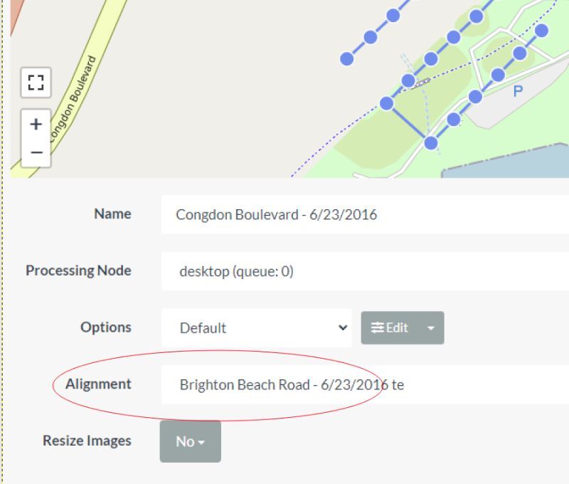Screenshot showing updated interface with new "Alignment" option, here with a dataset titled "Brighton Beach" highlighted. Map at top with image locations shown as dots, and Name, Processing Node, Options, Alignment, and Resize images in interface below.