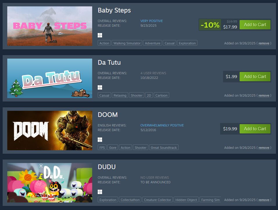 Steam screenshot. Baby Steps, Da Tutu, Doom and DUDU.