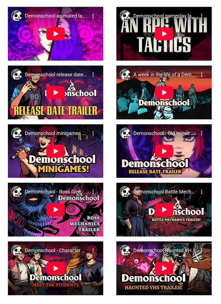 Thumbnails for the 10 trailers I made for Demonschool.