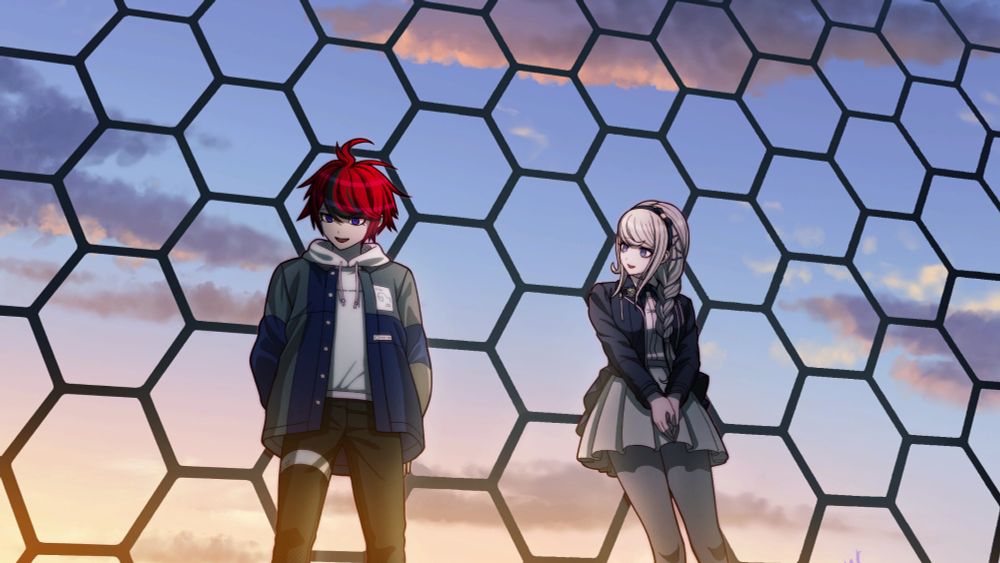 Red haired boy and white haired girl on a rooftop lit by the sunset. Takumi Sumino and Nozomi Kirifuji from The Hundred Line Last Defense Academy
