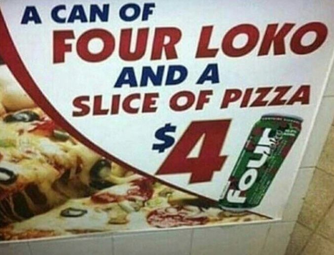 girl dinner; old advert of a meal combination of a slice of pizza and a four loko