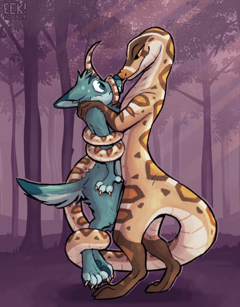 Digital art, an anthro snake with arms and legs uses his long tail to restrain a nervous generic anthro dog. the snake smugly pushes their snoots together